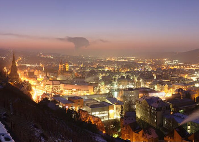Photography Greeting Card featuring the photograph City Lit Up At Night, Esslingen by Panoramic Images
