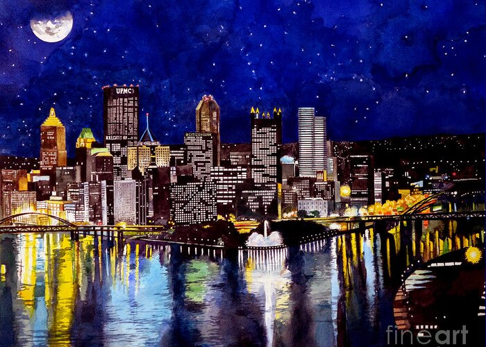 Supermoon Greeting Card featuring the painting City of Pittsburgh at the Point by Christopher Shellhammer