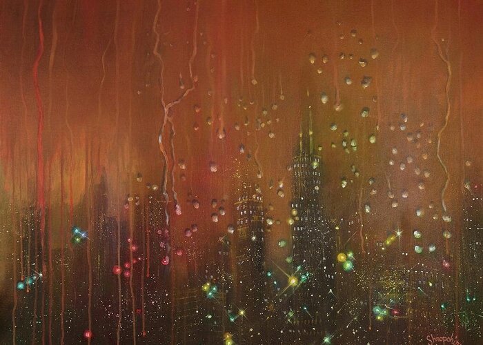 Abstract Greeting Card featuring the painting City Rain Against the Window by Tom Shropshire