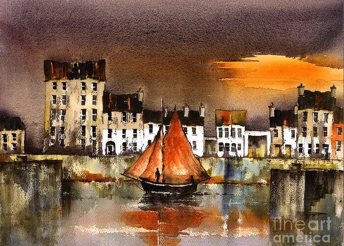 Val Byrne Greeting Card featuring the painting Cladagh Sunset Galway by Val Byrne