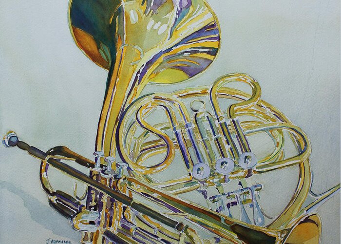 French Horn Greeting Card featuring the painting Classic Brass by Jenny Armitage