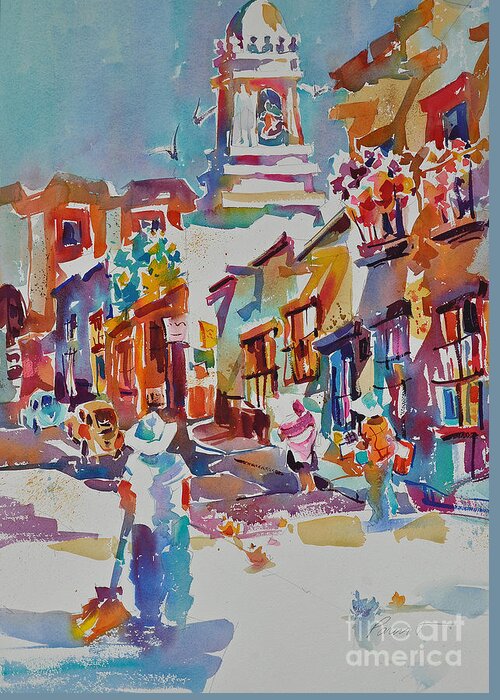 San Miguel De Allende Greeting Card featuring the painting Clean Sweep, Frank Nash Award, Transparent Watercolor Society of America, 2015 by Roger Parent