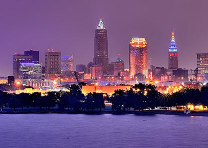 Cleveland Skyline Greeting Card featuring the photograph Cleveland Skyline at Night Evening Panorama by Jon Holiday