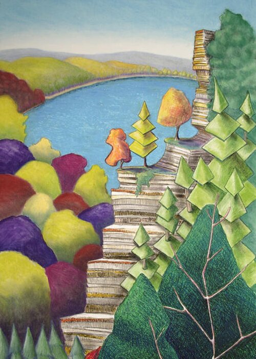 Cliff Greeting Card featuring the mixed media Cliff Overlooking Lake with Colorful Trees by Michele Fritz