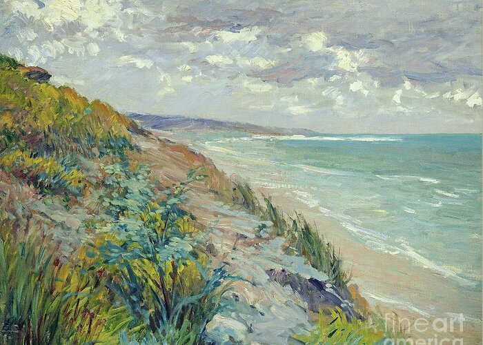 Beach Greeting Card featuring the painting Cliffs by the sea at Trouville by Gustave Caillebotte