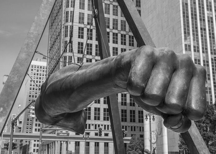 Detroit Greeting Card featuring the photograph Close Up of Joe Louis Fist Black and White by John McGraw
