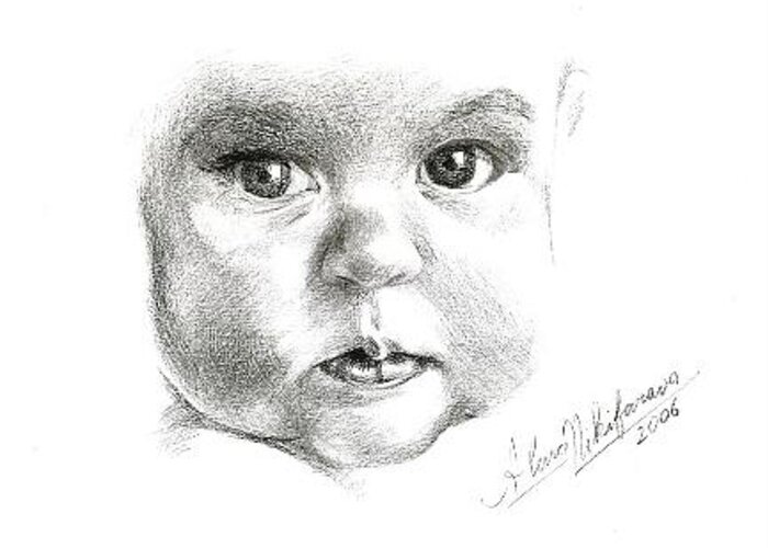 Baby Greeting Card featuring the drawing Close up portrait of baby. Commission. by Alena Nikifarava