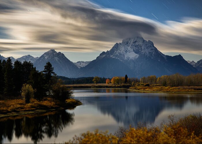 All Rights Reserved Greeting Card featuring the photograph Cloud Trails And Star Trails On Mount Moran by Mike Berenson