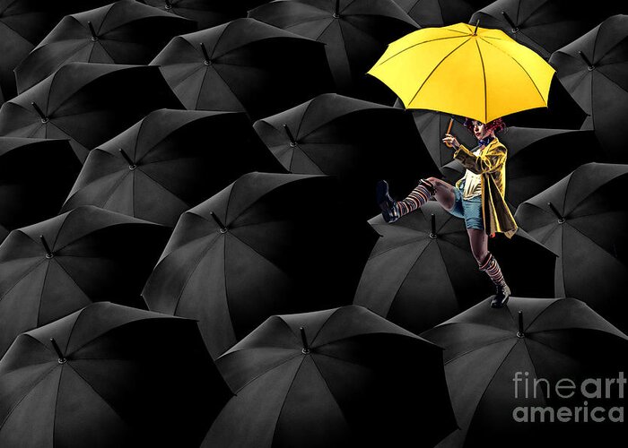 Umbrellas Greeting Card featuring the digital art Clowning on Umbrellas 03-a13-1 by Variance Collections