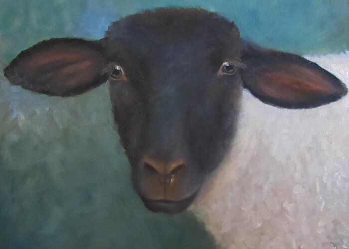 Lamb Greeting Card featuring the painting Clyde - A Suffolk Lamb Painting by Cheri Wollenberg