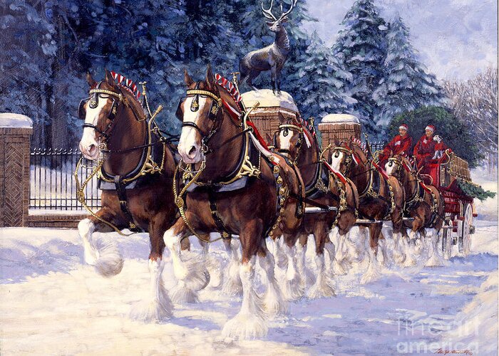 Clydesdales Greeting Card featuring the painting Clydesdale Hitch Grants Farm Winter by Don Langeneckert