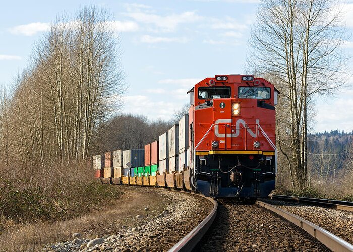 British Columbia Greeting Card featuring the photograph CN Rail Cargo Train by Michael Russell