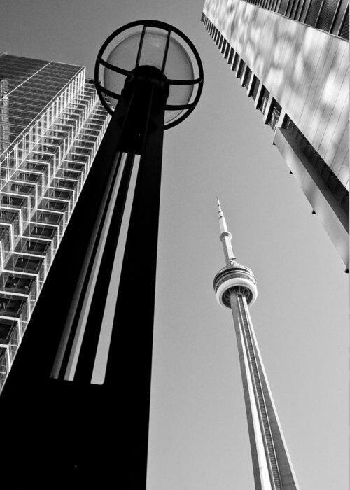 Black And White Greeting Card featuring the photograph CN Tower surrounded by Arkady Kunysz