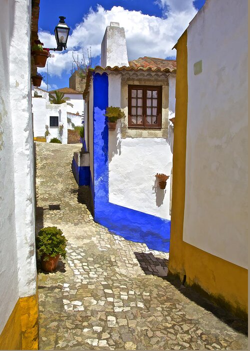 Obidos Greeting Card featuring the painting Cobblestone Alley of Medieval Europe by David Letts