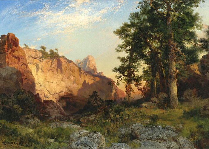 Thomas Moran Greeting Card featuring the painting Coconino Pines and Cliff. Arizona by Thomas Moran