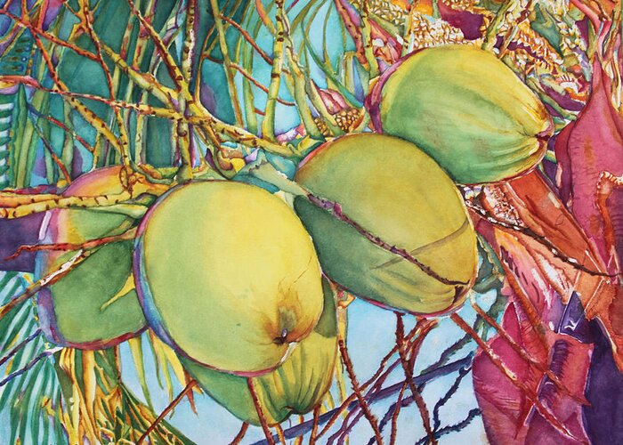 Tropics Greeting Card featuring the painting Coconuts at Sunset by Christiane Kingsley