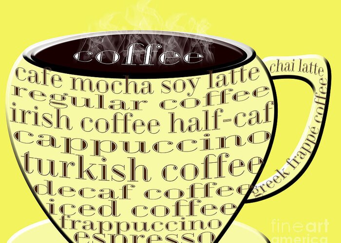Coffee Greeting Card featuring the digital art Coffee Cup Yellow Typography by Andee Design