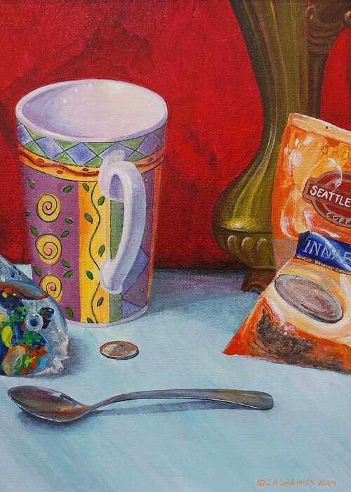 Coffee Greeting Card featuring the painting Coffee for a Quarter by Celeste Drewien