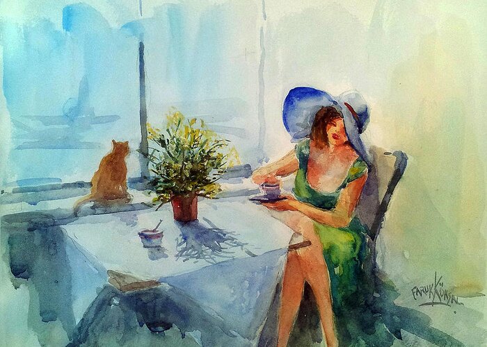 Woman Greeting Card featuring the painting Coffee Time with Mimosas by Faruk Koksal