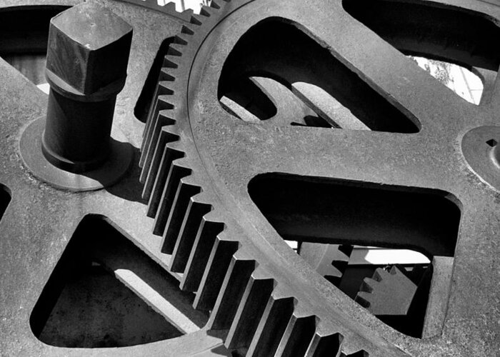 Industrial Greeting Card featuring the photograph Cogwheels in Black and White by Nadalyn Larsen