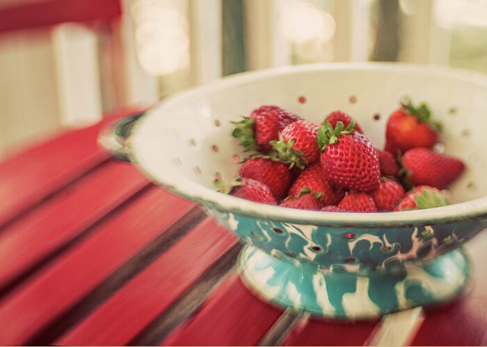 Enamel Greeting Card featuring the photograph Colander With Strawberries by Suzanne Cummings