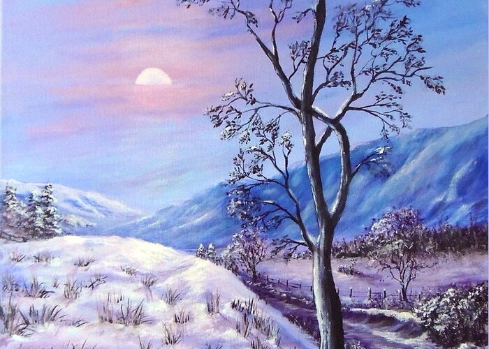 Winter Greeting Card featuring the painting Cold Evening by Bozena Zajaczkowska