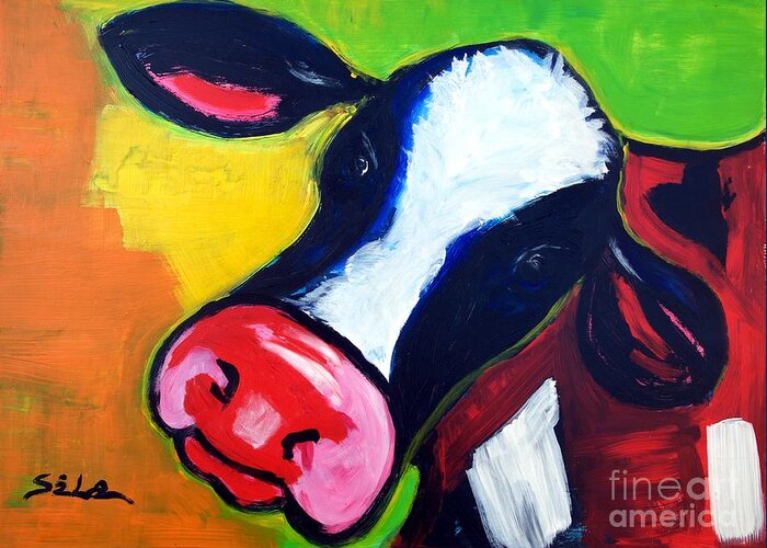 Colorful Animal Art Greeting Card featuring the painting Colorful Cow by Lidija Ivanek - SiLa
