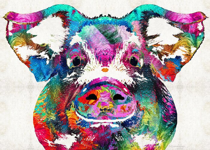 Pig Greeting Card featuring the painting Colorful Pig Art - Squeal Appeal - By Sharon Cummings by Sharon Cummings