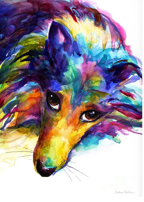 Sheltie Dog Greeting Card featuring the painting Colorful Sheltie Dog portrait by Svetlana Novikova