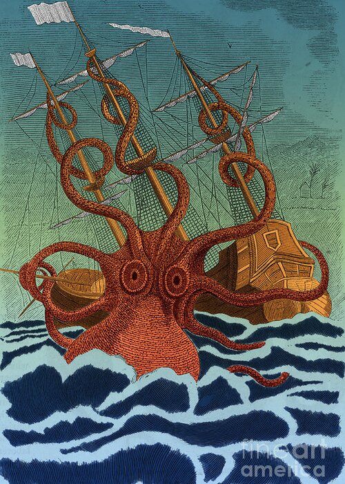History Greeting Card featuring the photograph Colossal Octopus Attacking Ship 1801 by Science Source