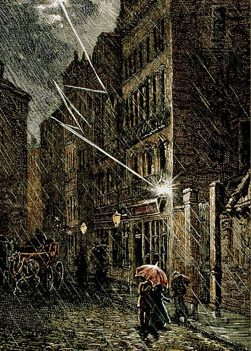 Storm Greeting Card featuring the photograph Coloured Historical Artwork Of A Lightning Strike by Sheila Terry/science Photo Library