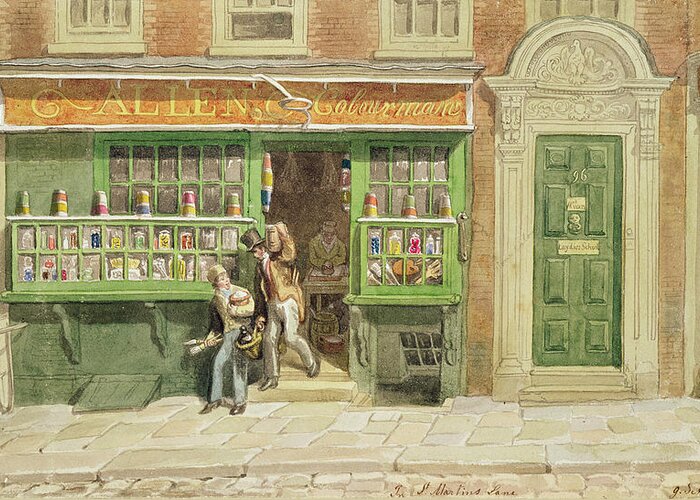 Exterior Greeting Card featuring the photograph Colourmans Shop, St Martins Lane, 1829 Wc On Paper by George the Elder Scharf