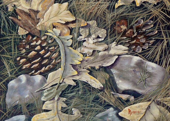 Outdoors Greeting Card featuring the painting Cones Rocks Leaves and Needles by Ray Nutaitis