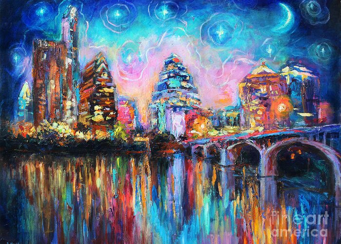 Downtown Austin Art Greeting Card featuring the painting Contemporary Downtown Austin Art painting Night Skyline Cityscape painting Texas by Svetlana Novikova