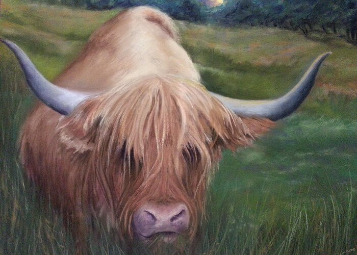 Scotland Scottish Highland Coo Cow Red Hairy Horns Moo Shaggy Meadow Natural Animal Greeting Card featuring the pastel Coo by Brenda Salamone