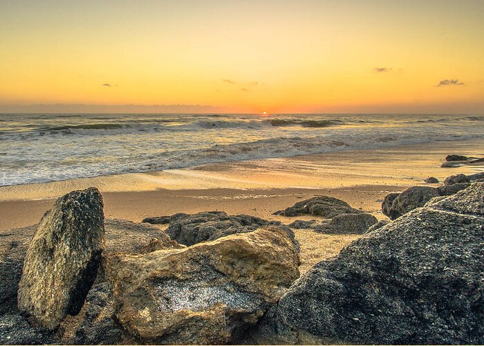 Sunrise Greeting Card featuring the photograph Coquina Rocks Sunrise in New Smyrna Beach by Danny Mongosa