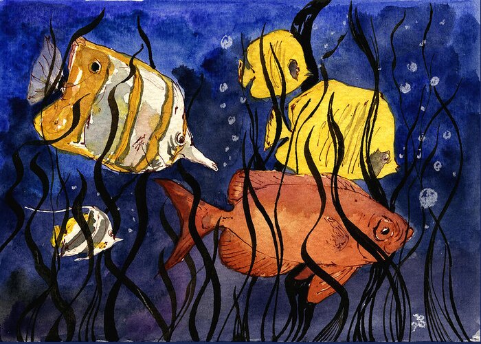 Sea Greeting Card featuring the painting Coral fishes seaweed by Juan Bosco