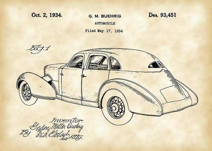 Cord Greeting Card featuring the digital art Cord Automobile Patent 1934 - Vintage by Stephen Younts