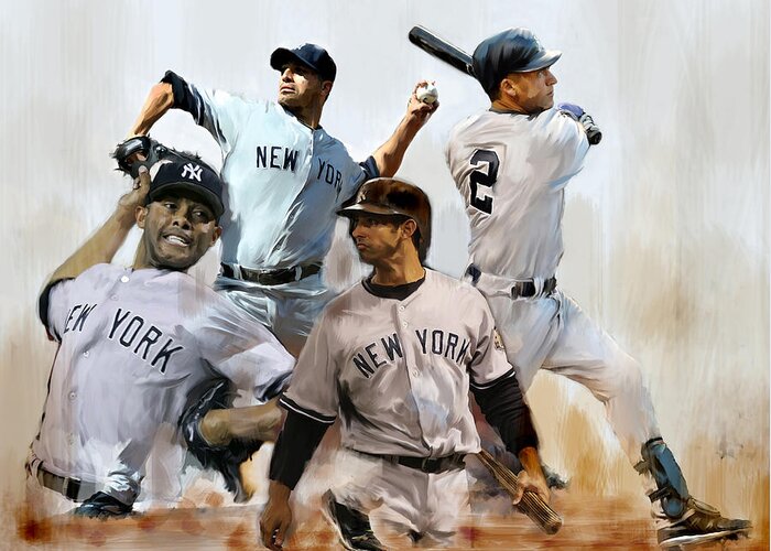 Dereck Jeter Core Four Yankees Andy Pettitte Jorge Posada Rivera Art Work Paintings Greeting Card featuring the painting New York Yankees Derek Jeter Mariano Rivera Andy Pettitte Jorge Posada by Iconic Images Art Gallery David Pucciarelli