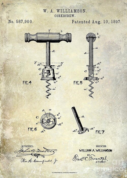 Corkscrew Patent Drawing Greeting Card featuring the photograph Corkscrew Patent 1897 by Jon Neidert