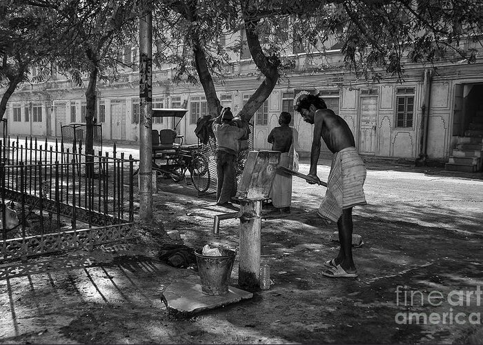 Black And White Street Scenes India Greeting Card featuring the photograph Corner Water Pump BW by Rick Bragan