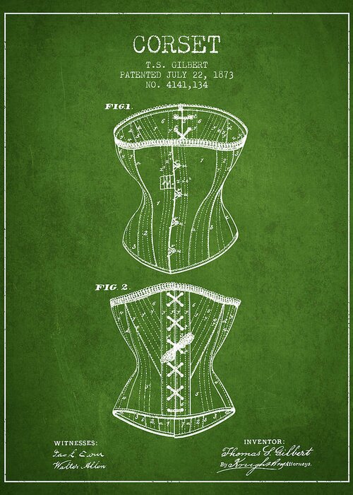 Corset Greeting Card featuring the digital art Corset patent from 1873 - Green by Aged Pixel