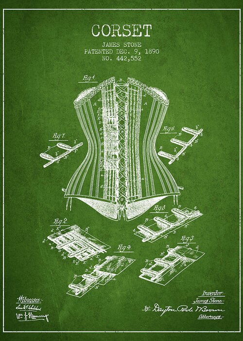 Corset Greeting Card featuring the digital art Corset patent from 1890 - Green by Aged Pixel