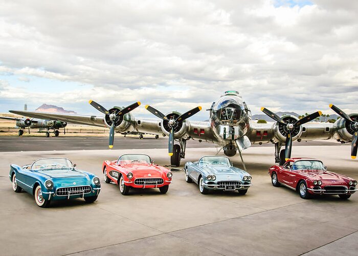 Corvettes With B17 Bomber Greeting Card featuring the photograph Corvettes and B17 Bomber by Jill Reger