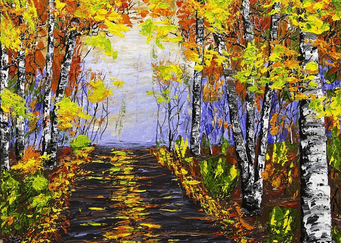 Pallete Knife Greeting Card featuring the painting Country Road And Birch Trees In Fall by Keith Webber Jr