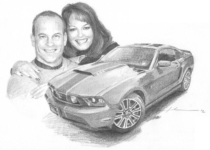 <a Href=http://miketheuer.com Target =_blank>www.miketheuer.com</a> Couple And Ford Mustang Pencil Portrait Greeting Card featuring the drawing Couple And Ford Mustang Pencil Portrait by Mike Theuer