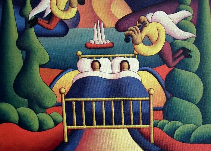 Couple Greeting Card featuring the painting Couple in bed in landscape with angels by Alan Kenny