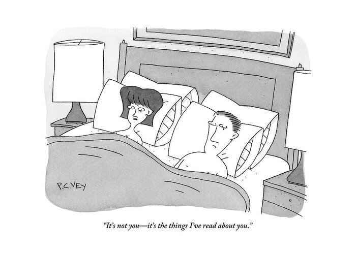 Relationships Greeting Card featuring the drawing Couple In Bed. Woman Is Talking To Man by Peter C. Vey