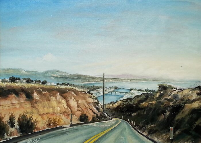 After Dinner At The Chart House Greeting Card featuring the painting Cove Road to the Marina by Mike Worthen