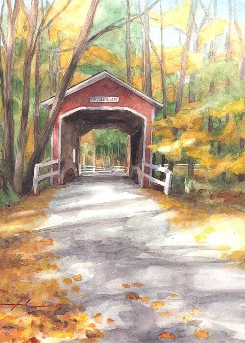Covered Bridge Autumn Shadows Watercolor Painting Greeting Card featuring the drawing Covered Bridge Autumn Shadows Watercolor Painting by Mike Theuer